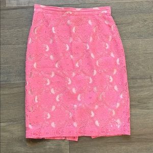 Salmon colored lace pencil skirt